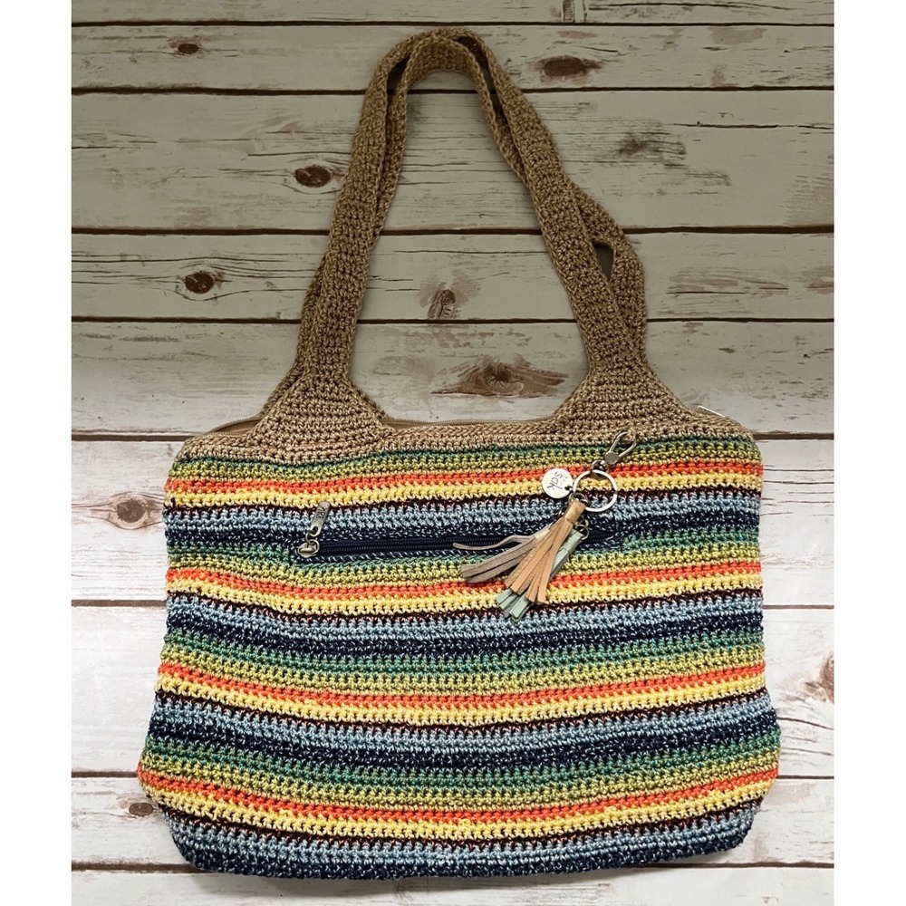 The Sak Crochet Tote Bag Multicolor Striped Boho Tassel Large